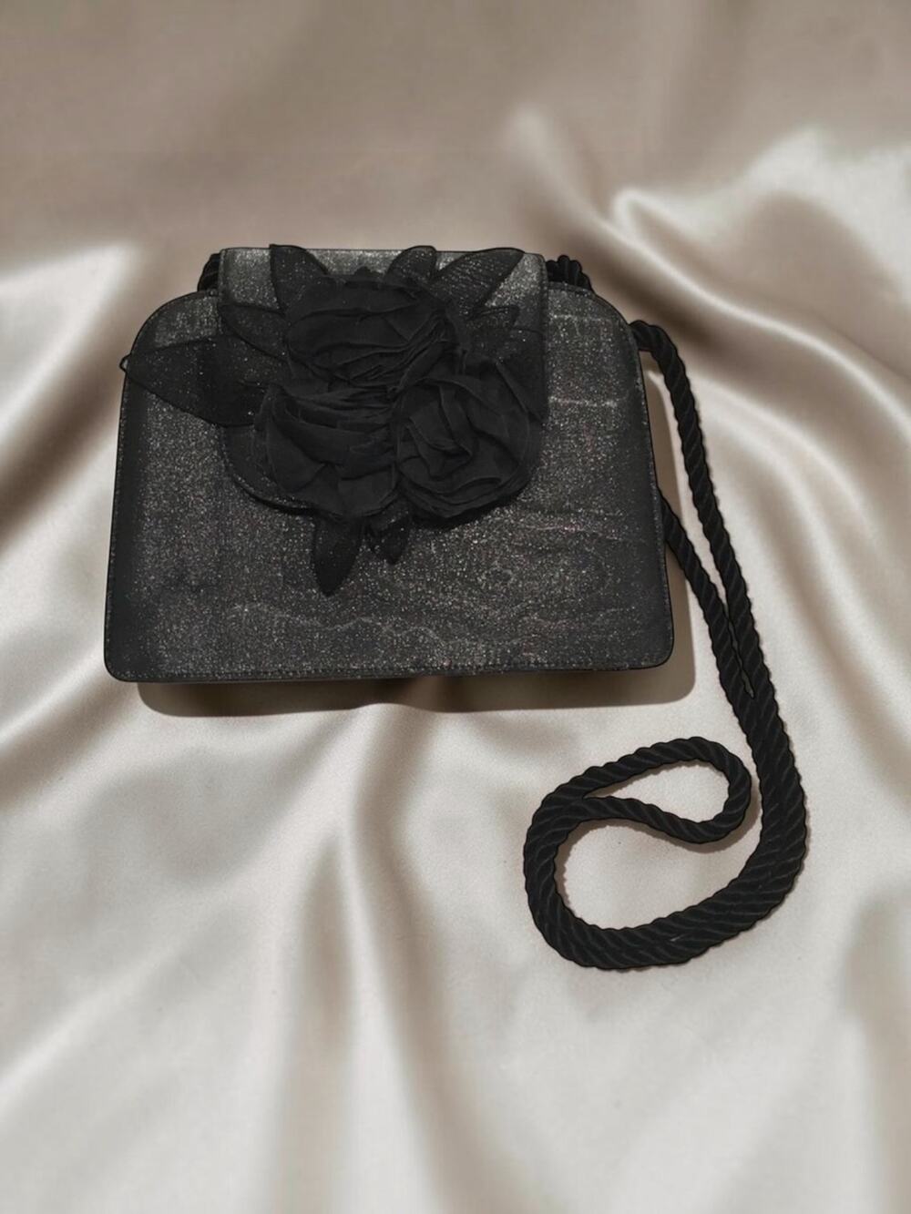 Mid Century Vintage Black Applique Floral & Marble Shimmer Crossbody Evening Bag